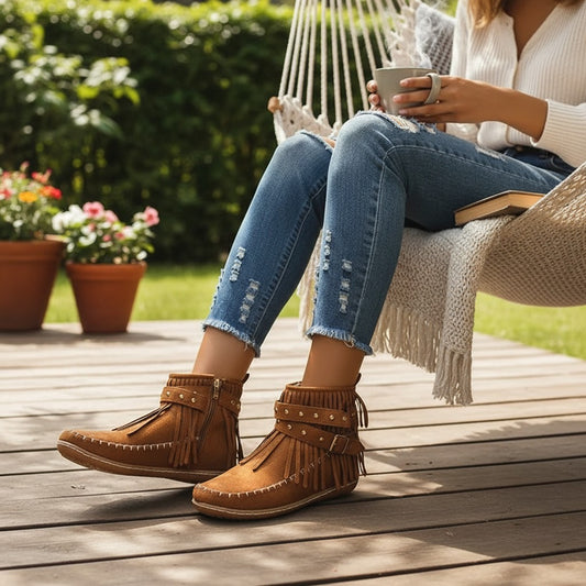 Retro Ankle Boots With Rivet Tassel Flat Shoes Women Winter Boots