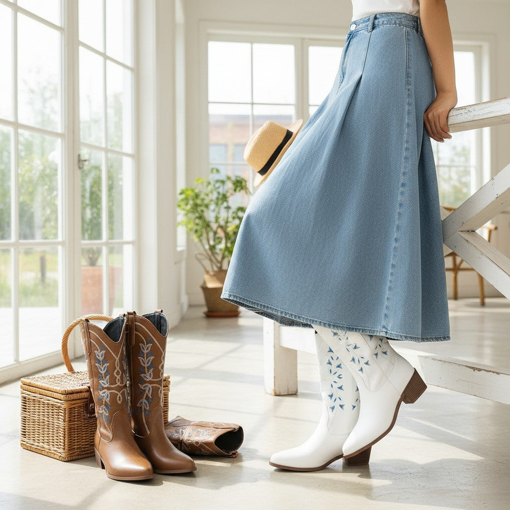 Winter Cowboy Boots Embroidered Pointed Toe Chunky Heel Western Boot Women's Knight Shoes