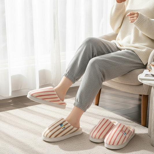 Ins Plush Striped Slippers Winter Warm Letter Embroidered Shoes Fashion Floor Bedroom Home Slipper For Women Men Couples