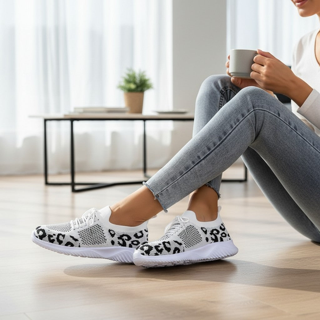White Shoes Women Leopard Print Lace-up Sneakers Sports