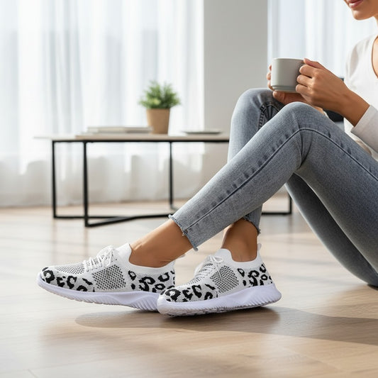 White Shoes Women Leopard Print Lace-up Sneakers Sports