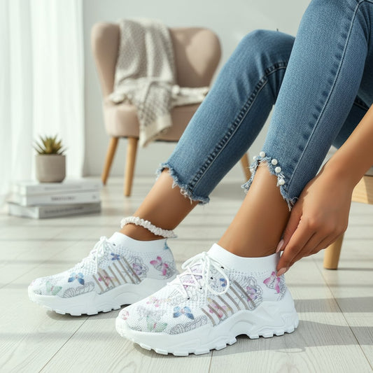 Butterfly Print Mesh Sneakers Women's Flat Heel